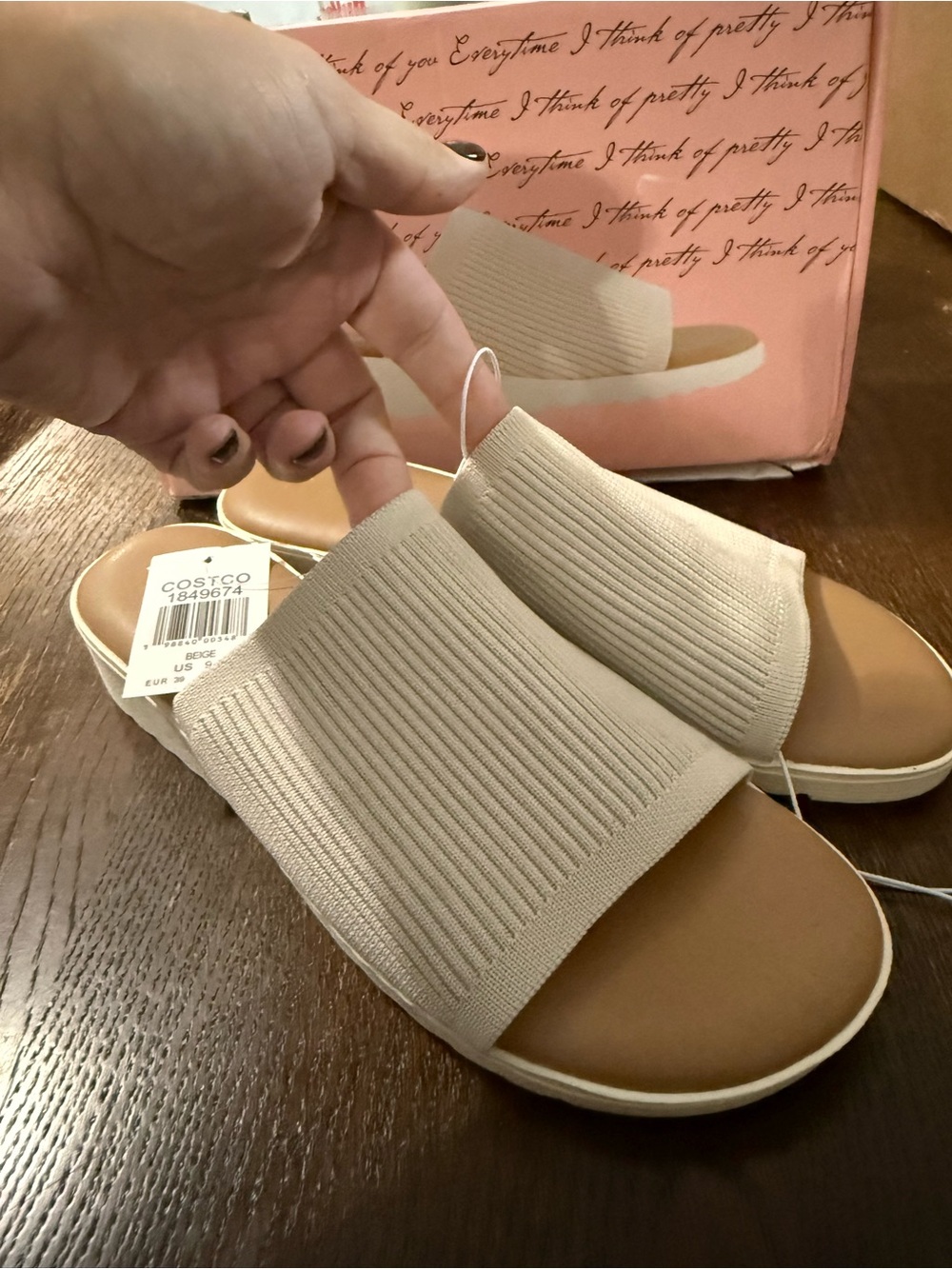 Kensie Knit Slide Sandals in Beige and Tan